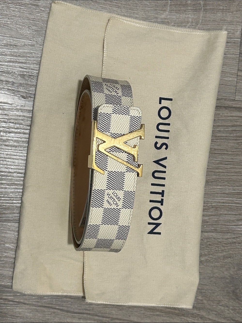 Louis Vuitton Damier Azur Canvas Belt with Gold LV Buckle - White/Tan